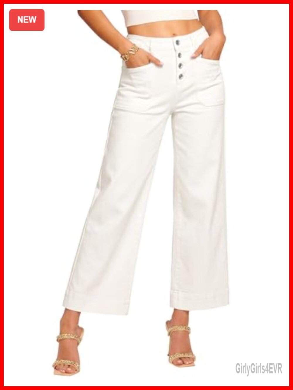 Wide Leg Cropped High Waisted Jeans Button Fly Patch Pocket Stretchy Denim Pants